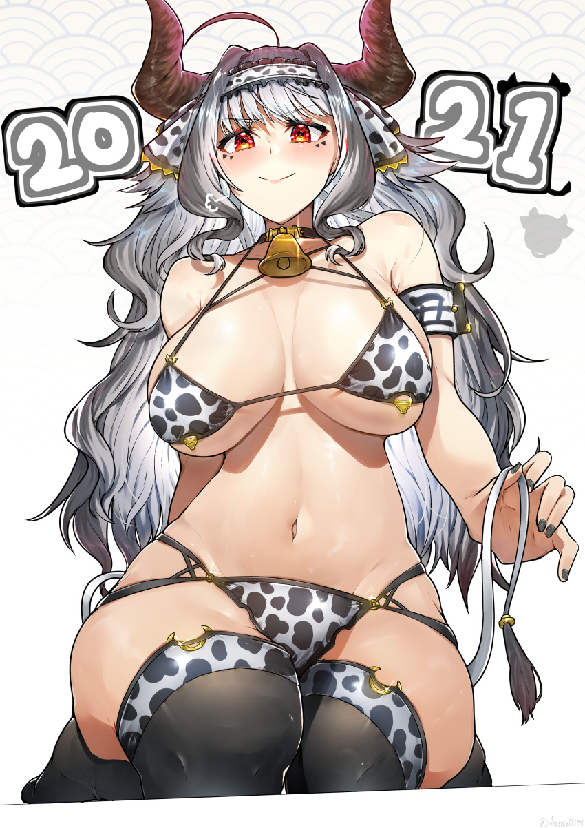 absurdres ahoge animal_print bare_shoulders bikini black_thighhighs blush breasts cow_horns cow_print cow_tail female hairband highres horns large_breasts looking_at_viewer navel neshia_(tsaqif0309) original red_eyes seiza sitting smile solo swimsuit tail thighhighs