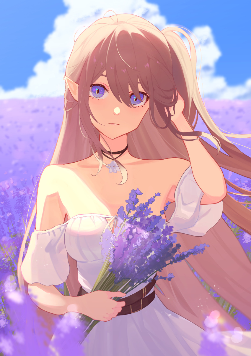 absurdres alternate_costume aoi_tooru arknights belt blue_eyes bouquet brown_hair closed_mouth cloud collarbone cowboy_shot dress female field flower flower_field hand_in_own_hair highres holding holding_bouquet indigo_(arknights) jewelry lavender_(flower) long_hair looking_at_viewer necklace off-shoulder_dress off_shoulder pout solo very_long_hair white_dress