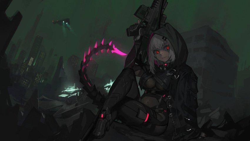 aircraft assault_rifle belt black_bodysuit black_cloak bodysuit breasts building city cloak commentary covered_navel crossed_legs cyborg english_commentary feet_out_of_frame female glowing glowing_eyes glowing_tail gun hair_ornament hairclip highres holding holding_gun holding_weapon indie_virtual_youtuber large_breasts long_hair mechanical_tail night outdoors paintrfiend red_eyes rifle ruins saruei_(vtuber) saruei_(vtuber)_(1st_costume) scar scar_across_eye science_fiction sitting skyscraper solo spotlight tail trigger_discipline virtual_youtuber weapon white_hair