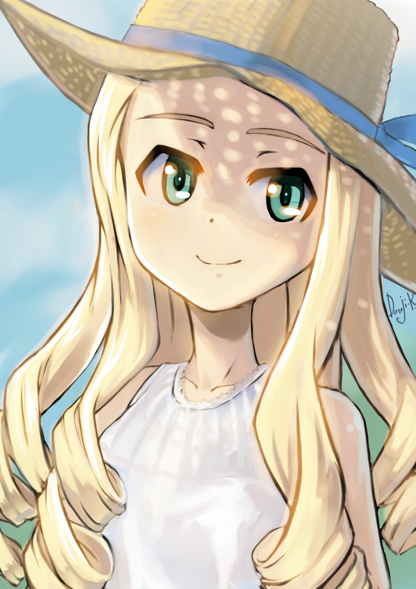 artist_name blonde_hair blue_ribbon blue_sky brown_hat casual closed_mouth dappled_sunlight day dress drill_hair female girls_und_panzer green_eyes hat hat_ribbon highres kuroneko_douji long_hair looking_at_viewer marie_(girls_und_panzer) outdoors ribbon signature sky sleeveless sleeveless_dress smile solo straw_hat sunlight tilted_headwear upper_body white_dress