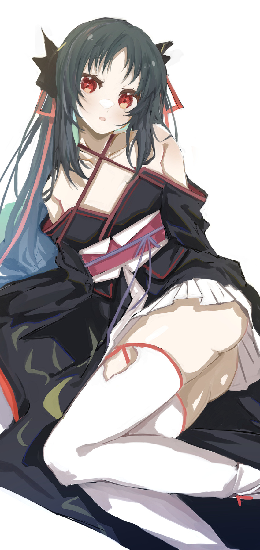 absurdres ass bad_id bad_twitter_id bare_shoulders black_hair black_kimono commission criss-cross_halter e_sky_rugo female hair_ribbon hakama hakama_short_skirt hakama_skirt halterneck head_tilt highres japanese_clothes kimono long_hair looking_at_viewer lying machine-doll_wa_kizutsukanai miniskirt obi off_shoulder on_side parted_lips red_eyes red_ribbon ribbon sash simple_background skeb_commission skirt solo thighhighs white_background white_skirt white_thighhighs yaya_(machine-doll)