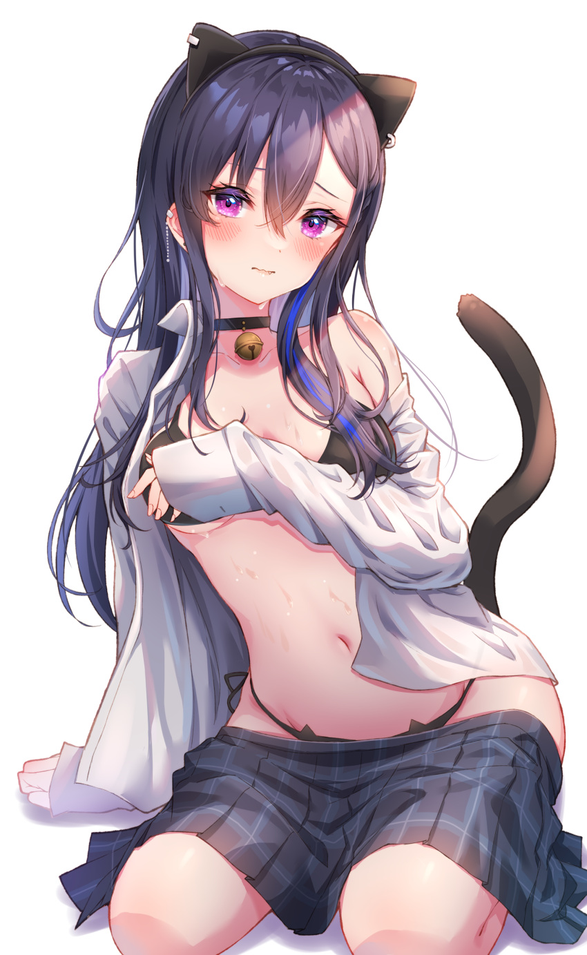 absurdres animal_ears armpit_crease bare_shoulders bell black_bra black_choker black_hair black_panties black_skirt bra cat_ear_panties cat_ears cat_tail choker covering_breasts covering_privates ear_piercing embarrassed fake_animal_ears female frown hairband highres ichinose_uruha jingle_bell long_hair long_sleeves looking_at_viewer lupinus_virtual_games miniskirt navel off_shoulder open_clothes open_shirt panties piercing plaid plaid_skirt pleated_skirt purple_eyes shirt side-tie_panties skirt solo stomach string_panties sweat tail toki_(toki_ship8) underwear virtual_youtuber vspo! wavy_mouth white_shirt