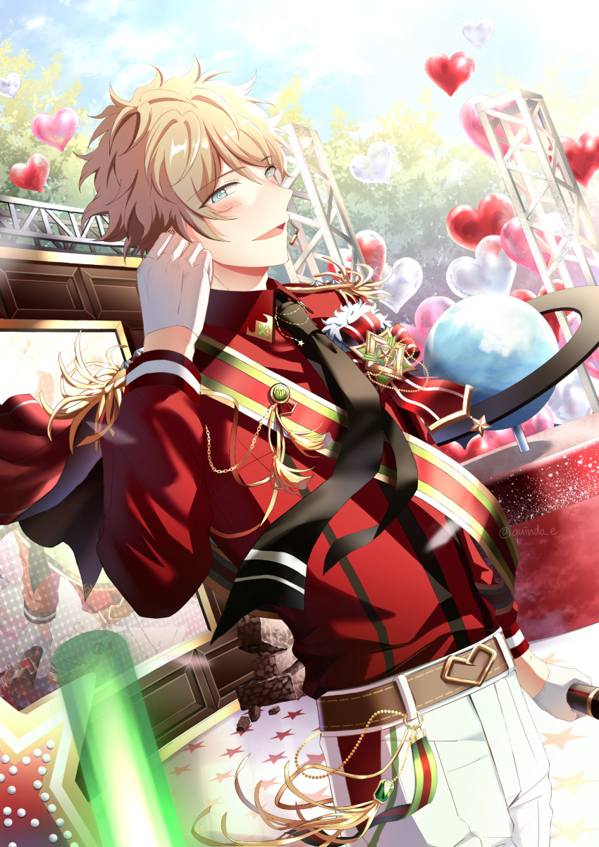 1boy badge balloon belt belt_buckle black_necktie blonde_hair blue_eyes blush buckle button_badge capelet chocolate collared_shirt cowboy_shot ensemble_stars! epaulettes gloves glowstick half_gloves hand_on_own_ear headset heart_balloon highres holding holding_microphone hot_&_elegant_chocolat_fes_(ensemble_stars!) idol idol_clothes kindo long_sleeves looking_at_viewer male_focus microphone necktie open_mouth outdoors pants penlight_(glowstick) red_shirt ryuuseitai_(ensemble_stars!) sash screen shirt short_hair shoulder_sash sideways_glance smile solo stage star_(symbol) striped_clothes striped_shirt sunlight takamine_midori tassel tree valentine white_gloves white_pants