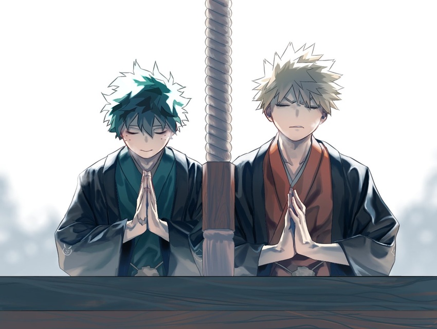 2boys backlighting bakugou_katsuki blonde_hair boku_no_hero_academia cut_(nifuhami_35) freckles green_hair japanese_clothes male_focus midoriya_izuku multiple_boys own_hands_together palms_together praying scar scar_on_hand shrine spiked_hair v-shaped_eyebrows white_background