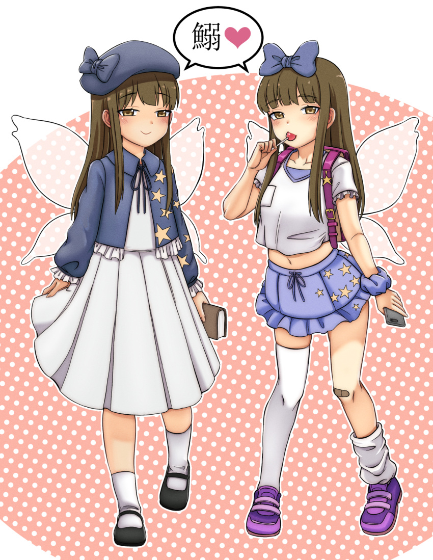 2girls adapted_costume arm_at_side arms_at_sides asymmetrical_legwear backpack bag bandaid bandaid_on_knee bandaid_on_leg beret big_mouse blue_bow blue_skirt blunt_bangs book bow breasts brown_eyes brown_hair candy cellphone closed_mouth collarbone commentary_request dress dual_persona fairy_wings flat_chest food frills full_body hairbow half-closed_eyes hat heart highres holding holding_book holding_candy holding_food holding_lollipop holding_phone lollipop long_hair looking_at_viewer mary_janes medium_breasts medium_skirt midriff miniskirt multiple_girls navel outline petite phone pink_background pleated_skirt polka_dot polka_dot_background purple_footwear scrunchie shared_speech_bubble shoes short_sleeves simple_background single_bare_arm single_thighhigh skirt smartphone smile speech_bubble spoken_heart standing star_(symbol) star_print star_sapphire thighhighs touhou translation_request uneven_legwear white_background white_dress white_outline white_thighhighs wings wrist_scrunchie