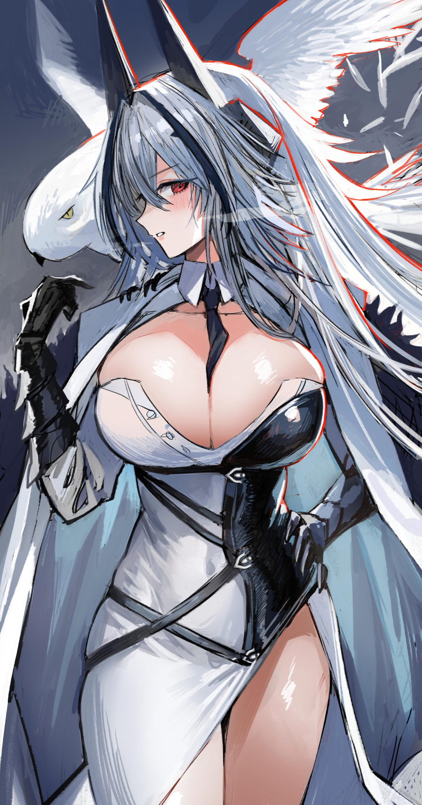 absurdres asymmetrical_clothes asymmetrical_coat asymmetrical_dress azur_lane bird black_straps blush breasts cleavage coat female grey_hair hand_on_own_hip high_heels highres horns kaki_z3 kursk_(azur_lane) large_breasts long_hair looking_at_viewer mechanical_horns owl red_eyes snow solo two-tone_dress very_long_hair very_long_sleeves white_bird