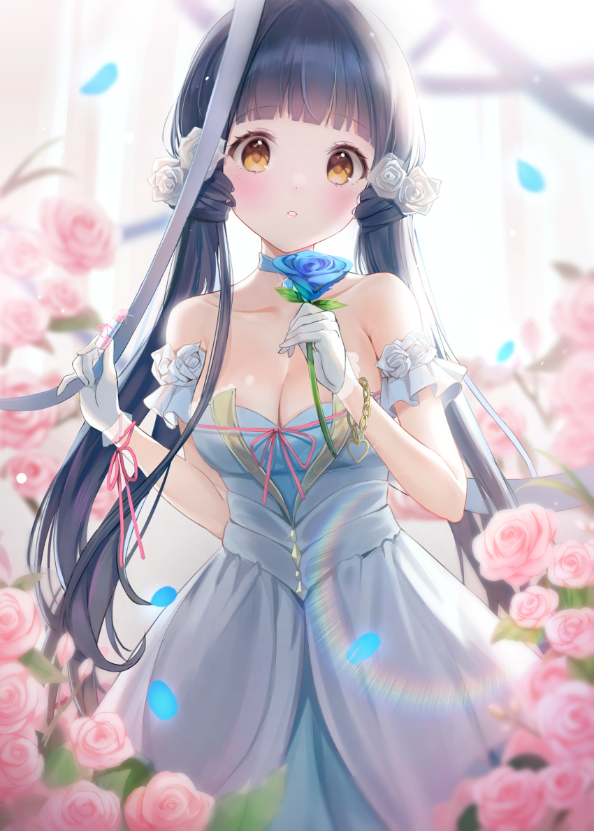 absurdres bare_shoulders blue_choker blue_dress blue_flower blue_hair blue_rose blurry blurry_background blush breasts brown_eyes chains choker cleavage collarbone commentary_request cosmetics curtains dot_nose dress falling_petals female flower gloves hair_flower hair_ornament heart_bracelet highres holding holding_flower holding_lipstick_tube idolmaster idolmaster_million_live! idolmaster_million_live!_theater_days kitakami_reika lipstick_tube long_hair looking_at_viewer low_twintails medium_breasts open_mouth parted_lips petals pink_flower pink_ribbon pink_rose rainbow_gradient ribbon rose scrunchie solo standing sunlight twintails very_long_hair white_gloves window yurancoco