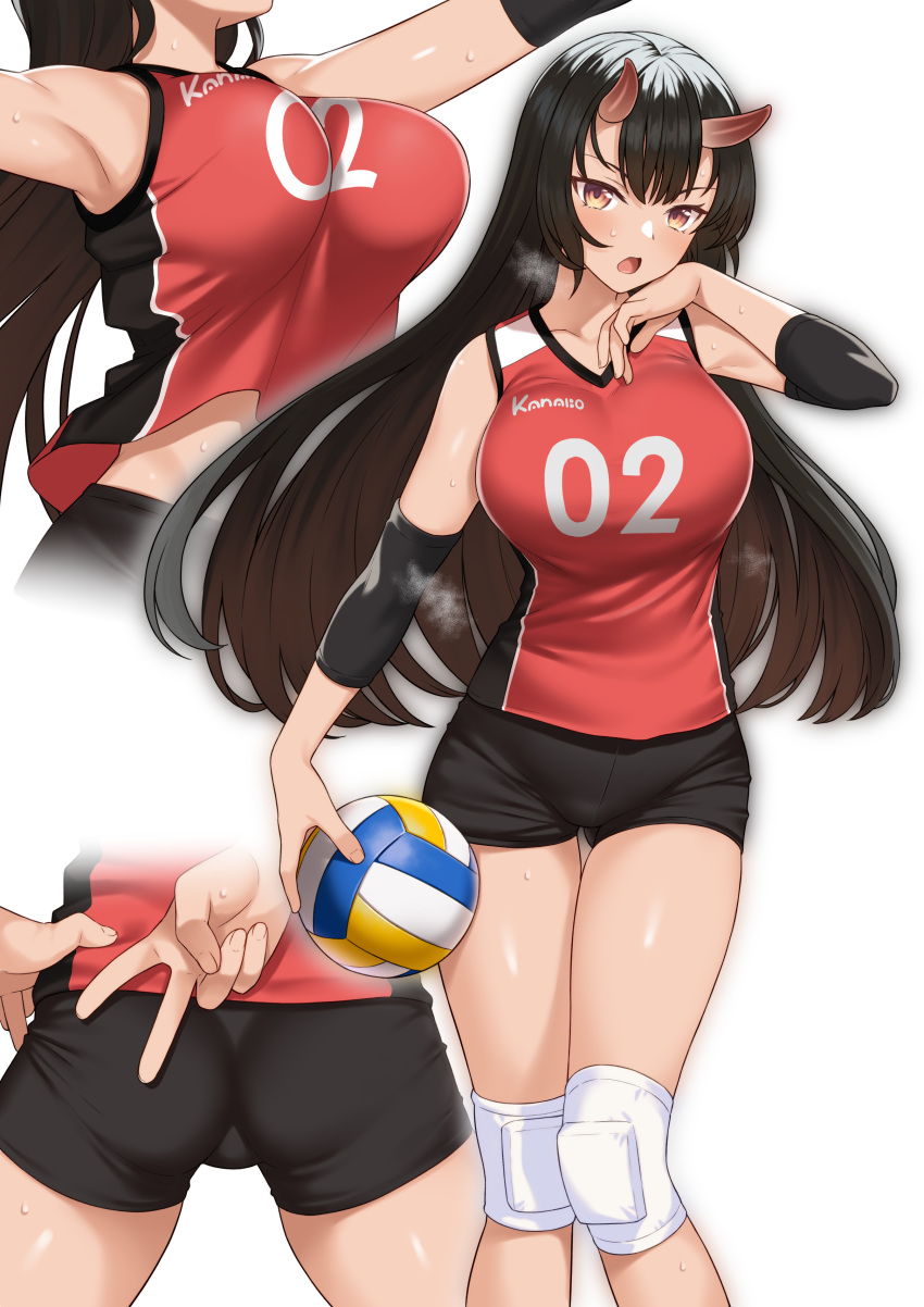 absurdres armpits ass ball bare_shoulders black_shorts breasts breath commentary_request elbow_pads enjo_kouhai female highres holding holding_ball horns knee_pads large_breasts long_hair looking_at_viewer multiple_views oni oni_horns origamine_ouka red_shirt shirt shorts sportswear sweat takunomi v volleyball volleyball_(object)