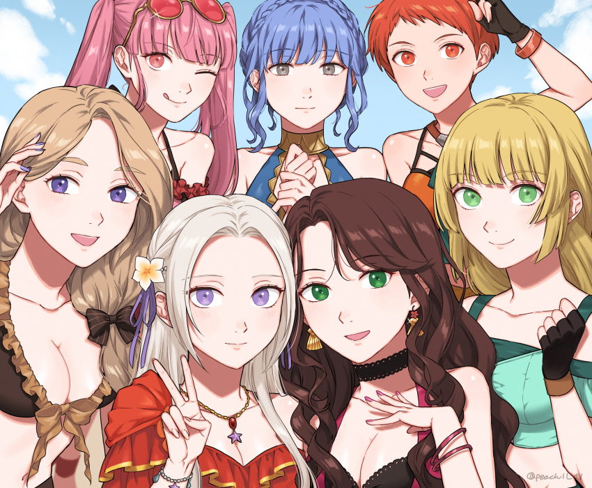 6+girls :d :q artist_name bare_shoulders bikini black_gloves blonde_hair blue_bikini blue_hair blue_sky blunt_bangs blush bracelet braid breasts brown_bikini brown_hair casual_one-piece_swimsuit choker cleavage closed_mouth cloud collarbone commentary_request crown_braid dorothea_arnault dorothea_arnault_(summer) earrings edelgard_von_hresvelg edelgard_von_hresvelg_(summer) eyewear_on_head fingerless_gloves fire_emblem fire_emblem:_three_houses fire_emblem_heroes flower frilled_bikini frilled_one-piece_swimsuit frills gloves green_eyes grey_eyes hair_flower hair_ornament hair_over_shoulder highres hilda_valentine_goneril hilda_valentine_goneril_(summer) ingrid_brandl_galatea ingrid_brandl_galatea_(summer) jewelry leonie_pinelli leonie_pinelli_(summer) long_hair looking_at_viewer marianne_von_edmund marianne_von_edmund_(summer) medium_breasts mercedes_von_martritz mercedes_von_martritz_(summer) multiple_girls nail_polish official_alternate_costume one-piece_swimsuit one_eye_closed open_mouth orange_hair peach11_01 pink_eyes pink_hair pink_nails purple_eyes purple_nails red_one-piece_swimsuit short_hair sky smile swept_bangs swimsuit tongue tongue_out twitter_username v white_flower white_hair