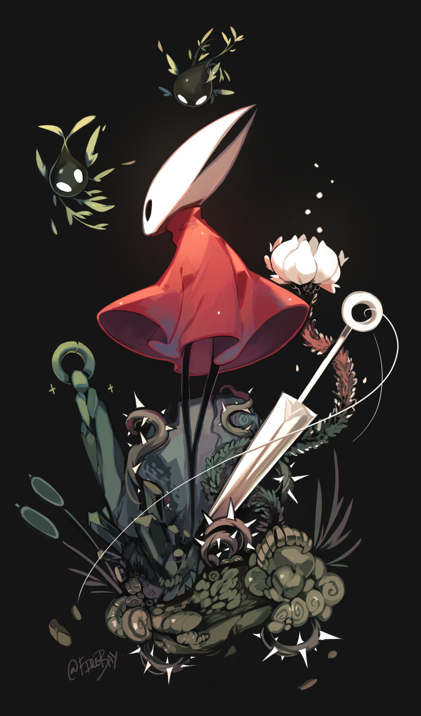 2022 absurd_res anthro arthropod cape clothing featureless_(disambiguation) female firebay flower hi_res hollow_knight hornet_(hollow_knight) insects melee_weapon plant red_cape red_clothing simple_background solo_focus spikes sword team_cherry weapon white_flower