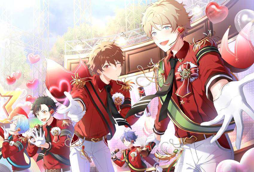 5boys :3 aqua_hair black_hair blonde_hair blue_eyes blue_hair blush brown_eyes brown_hair closed_eyes ensemble_stars! hair_over_one_eye highres hot_&_elegant_chocolat_fes_(ensemble_stars!) kindo long_sleeves looking_at_viewer male_focus morisawa_chiaki multicolored_hair multiple_boys nagumo_tetora necktie open_mouth pants purple_hair red_eyes red_shirt ryuuseitai_(ensemble_stars!) school_uniform sengoku_shinobu shinkai_kanata shirt short_hair smile streaked_hair takamine_midori twitter_username yellow_eyes yumenosaki_school_uniform