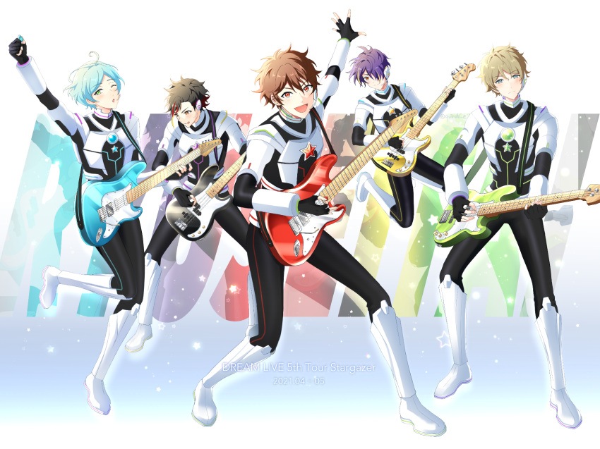 5boys :o aqua_hair bass_guitar black_gloves black_hair blonde_hair blue_eyes blue_hair blush brown_eyes brown_hair ensemble_stars! gloves hair_over_one_eye highres instrument kindo long_sleeves looking_at_viewer male_focus morisawa_chiaki multicolored_hair multiple_boys nagumo_tetora open_mouth pants purple_hair red_eyes red_hair ryuuseitai_(ensemble_stars!) sengoku_shinobu shinkai_kanata shirt short_hair simple_background smile star_(symbol) streaked_hair supernova_(ensemble_stars!) takamine_midori white_background yellow_eyes