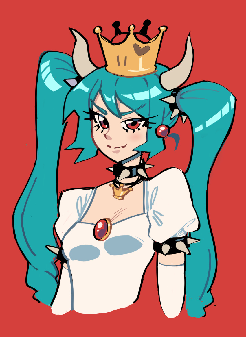 aqua_hair armlet black_collar bowsette bowsette_(cosplay) closed_mouth collar commentary cosplay cropped_arms cropped_torso crown crown_necklace earrings elbow_gloves english_commentary fang_out female gem gloves hair_between_eyes hatsune_miku heart highres horns jewelry kaatokun long_hair looking_at_viewer mario_(series) miku_day necklace new_super_mario_bros._u_deluxe oerba_yun_fang puffy_short_sleeves puffy_sleeves red_background red_eyes short_sleeves simple_background skin_fang smile solo spiked_armlet spiked_collar spikes super_crown twintails upper_body very_long_hair vocaloid white_gloves world_is_mine_(vocaloid)