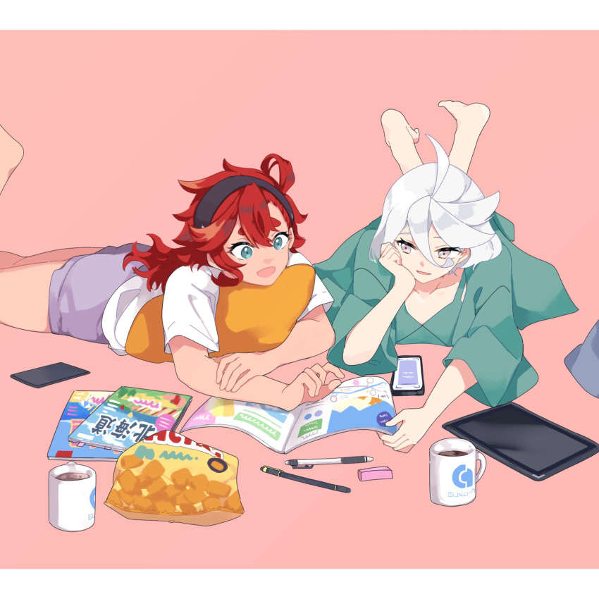 2girls :d ahoge bag_of_chips black_hairband blue_eyes book cellphone coffee coffee_mug collarbone crossed_ankles cup dress drink feet_up green_dress grey_eyes grey_shorts gundam gundam_suisei_no_majo hair_between_eyes hairband hand_on_own_cheek hand_on_own_face head_rest highres letterboxed long_hair lying magazine_(object) mechanical_pencil miorine_rembran mug multiple_girls on_stomach open_book open_mouth pencil phone pillow pink_background reading red_hair shirt shorts sidelocks simple_background smartphone smile suletta_mercury tablet_pc watanuki_(enu) white_hair white_shirt