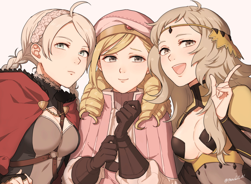 1boy 2girls ahoge blonde_hair blue_eyes bodystocking braid breast_cutout buttons cape capelet chest_harness choker fire_emblem fire_emblem_fates forrest_(fire_emblem) girl_sandwich gloves grey_eyes hairband harness hat highres hood hood_down hooded_capelet leather leather_gloves leather_strap long_hair looking_at_viewer low_twintails multiple_girls nina_(fire_emblem) o-ring o-ring_harness ophelia_(fire_emblem) otoko_no_ko parted_bangs peach11_01 red_hood sandwiched turtleneck twin_braids twintails upper_body white_hairband