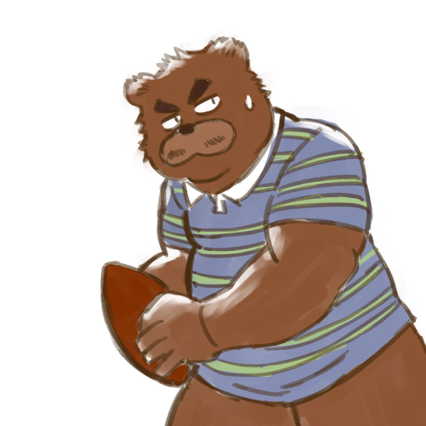 1:1 2022 anthro ball bear bodily_fluids brown_body ch_ia_ki clothing hi_res humanoid_hands kemono kumalino male mammal roast_(kumalino) rugby rugby_ball rugby_uniform sanrio shirt simple_background slightly_chubby solo sweat topwear