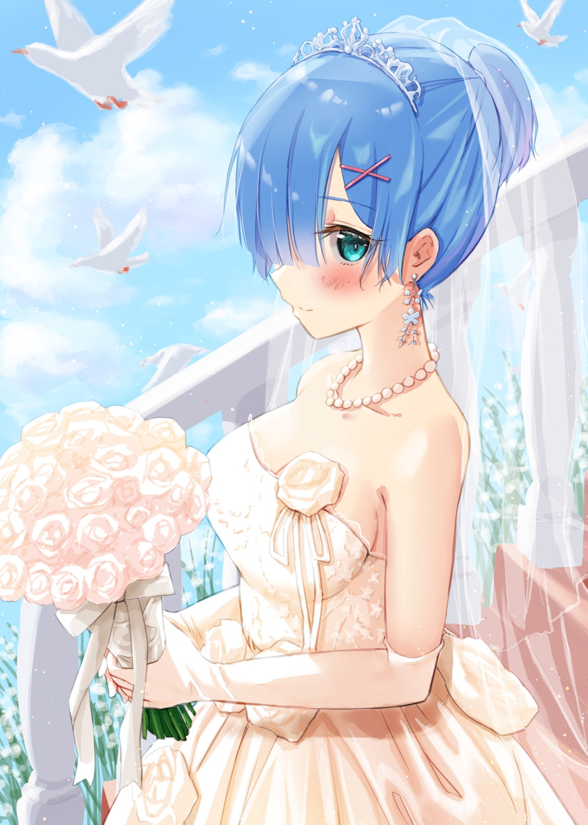 animal bare_shoulders bird blue_eyes blue_hair blue_sky blush bouquet breasts bridal_veil closed_mouth cloud commentary day dress earrings elbow_gloves female flower from_side gloves hair_ornament hair_over_one_eye high_ponytail highres holding holding_bouquet jewelry looking_at_viewer medium_breasts necklace one_eye_covered outdoors pearl_necklace pink_dress pink_flower pink_gloves pink_rose re:zero_kara_hajimeru_isekai_seikatsu rem_(re:zero) rose short_hair short_ponytail sky smile solo stairs strapless strapless_dress tarunyan tiara veil wedding_dress white_bird x_hair_ornament