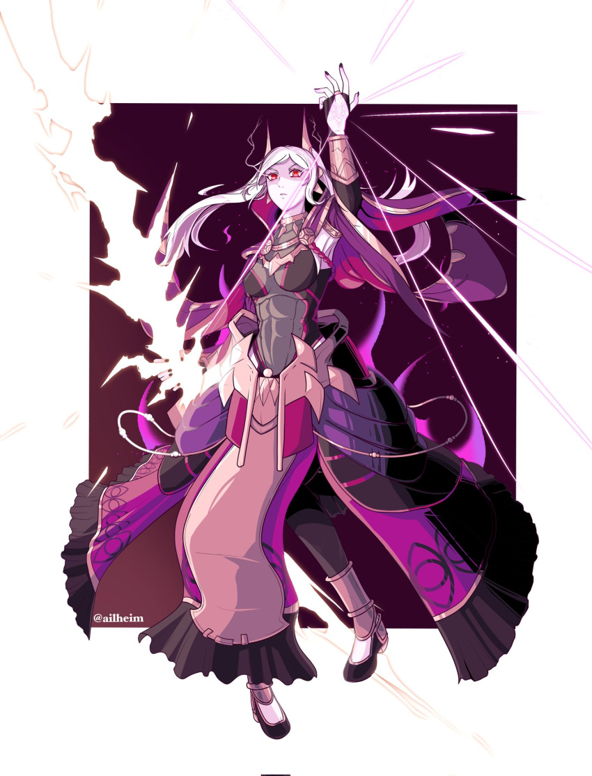 ailheim aura breasts cape cleavage dark_aura dark_persona eyes_of_grima female fire_emblem fire_emblem_awakening fire_emblem_cipher fire_emblem_heroes grima_(fire_emblem) hair_ornament hand_tattoo hand_up highres jewelry long_hair medium_breasts official_alternate_costume possessed red_eyes robin_(female)_(fell_tactician)_(fire_emblem) robin_(female)_(fire_emblem) robin_(fire_emblem) see-through see-through_cleavage skin_tight solo tattoo toned twintails twitter_username white_background white_hair