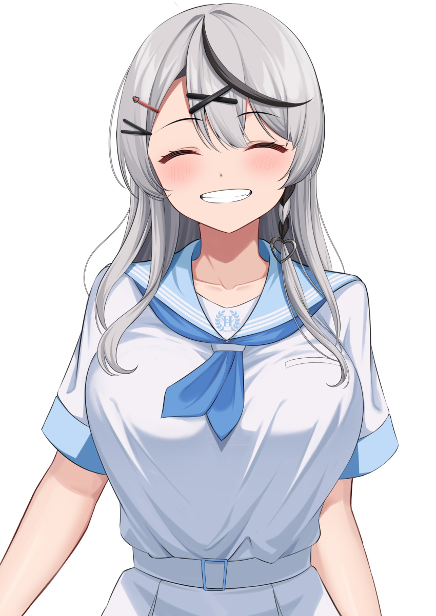 9696k absurdres black_hair blue_neckerchief blue_sailor_collar blush breasts cleavage clenched_teeth female grey_hair hair_ornament highres holohoneygaoka_high_school_uniform holohoneygaoka_koukou hololive large_breasts long_hair looking_at_viewer multicolored_hair neckerchief red_eyes sailor_collar sakamata_chloe school_uniform serafuku shirt short_sleeves smile streaked_hair teeth uniform virtual_youtuber white_shirt x_hair_ornament