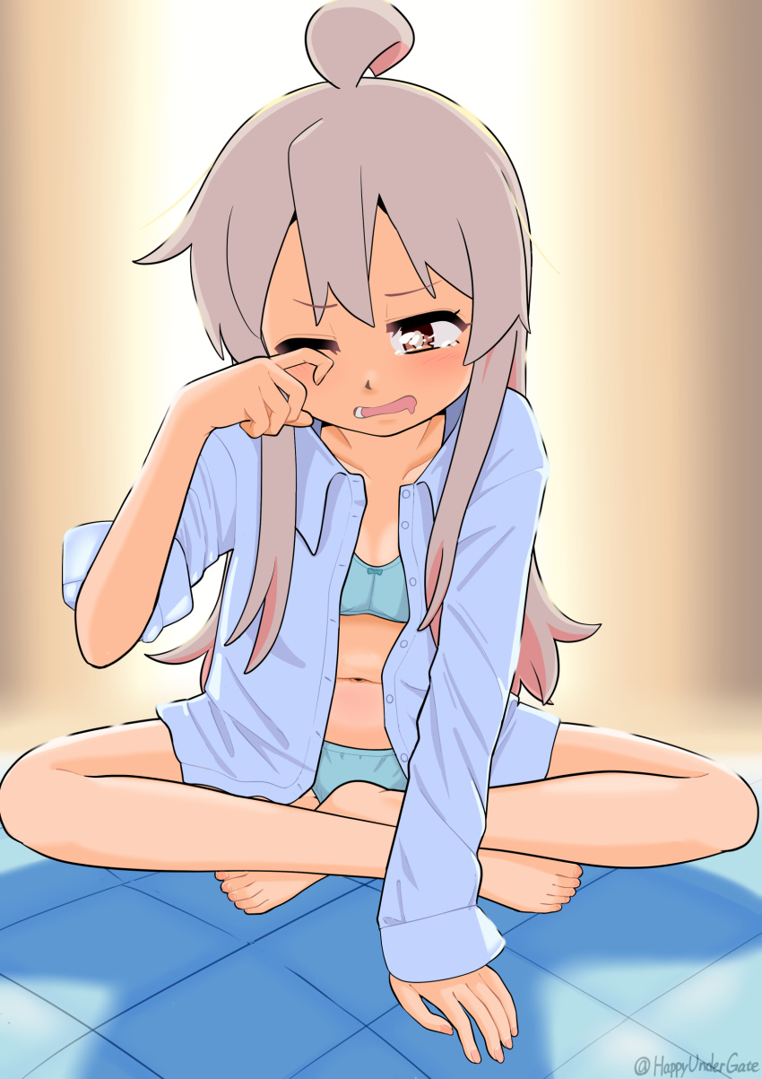 absurdres ahoge artist_name bare_legs barefoot blue_bra blue_panties blue_shirt bra brown_eyes collarbone commentary dress_shirt drooling female flat_chest full_body grey_hair happyundergate highres indian_style long_hair long_sleeves mouth_drool multicolored_hair navel no_pants one_eye_closed onii-chan_wa_oshimai! open_clothes open_mouth open_shirt oyama_mahiro panties pink_hair rubbing_eyes shirt sidelocks sitting solo twitter_username two-tone_hair underwear