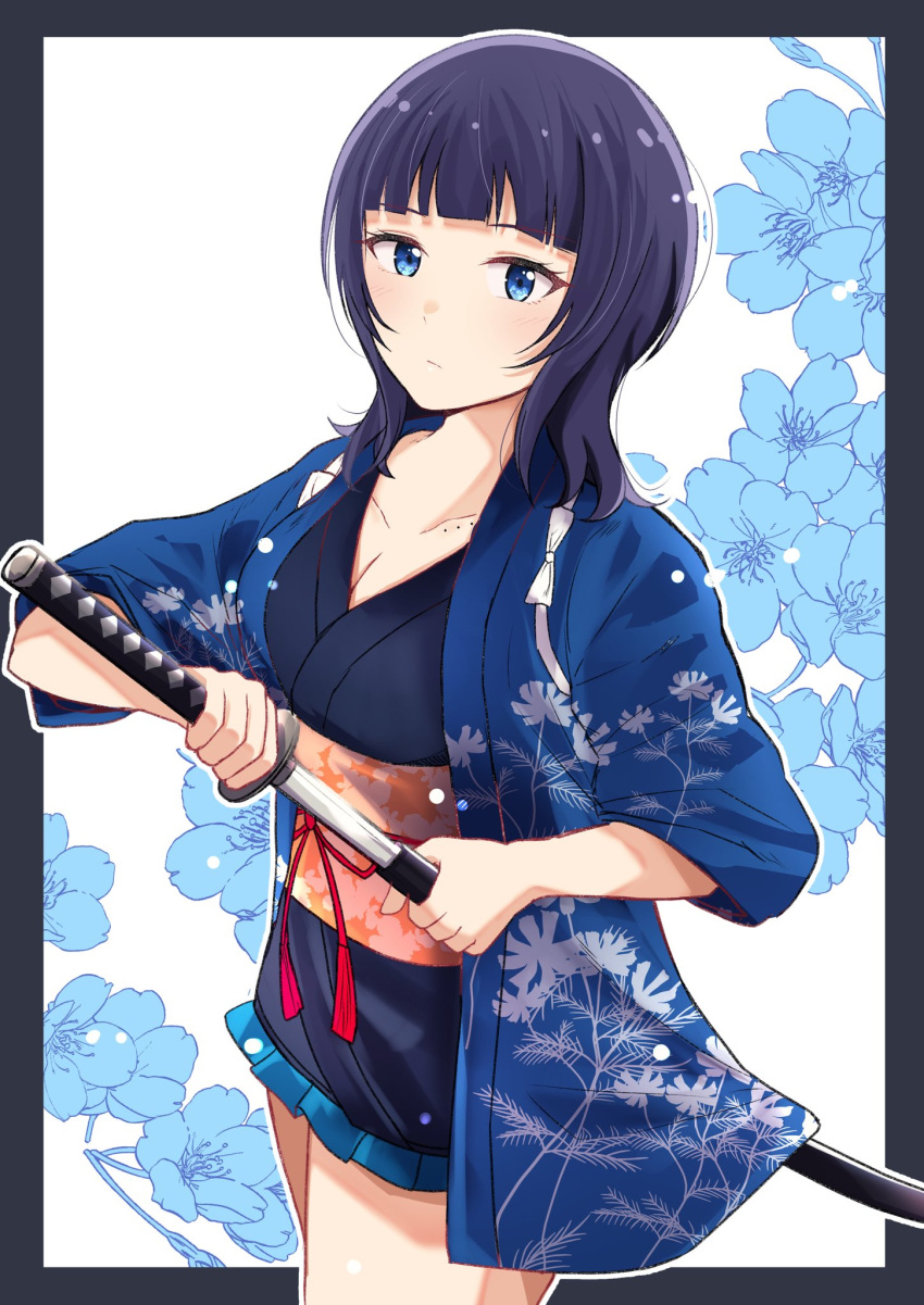 asaka_karin blue_border blue_eyes blue_flower blue_hair blue_kimono blunt_bangs border breasts cleavage closed_mouth collarbone commentary_request female flower haori highres holding holding_sword holding_weapon japanese_clothes katana kimono looking_at_viewer love_live! love_live!_nijigasaki_high_school_idol_club medium_breasts medium_hair mole mole_on_collarbone obi outline rrtp sash sheath sidelocks solo standing sword unsheathing upper_body weapon white_outline