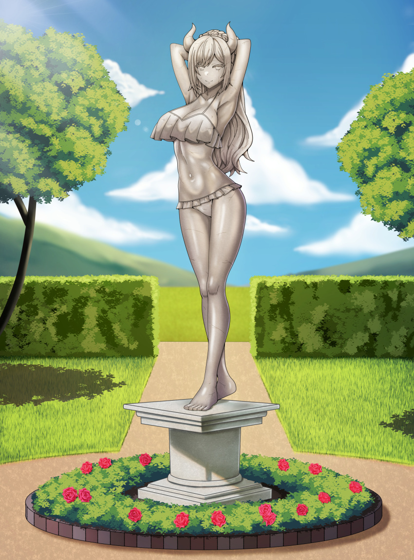 absurdres arms_behind_head arms_up bikini breasts cloud demon_girl demon_horns female flower garden grass hedge highres hololive horns large_breasts long_hair looking_at_viewer navel pedestal petrification rose saikunartworks standing statue sunlight swimsuit tree virtual_youtuber yuzuki_choco