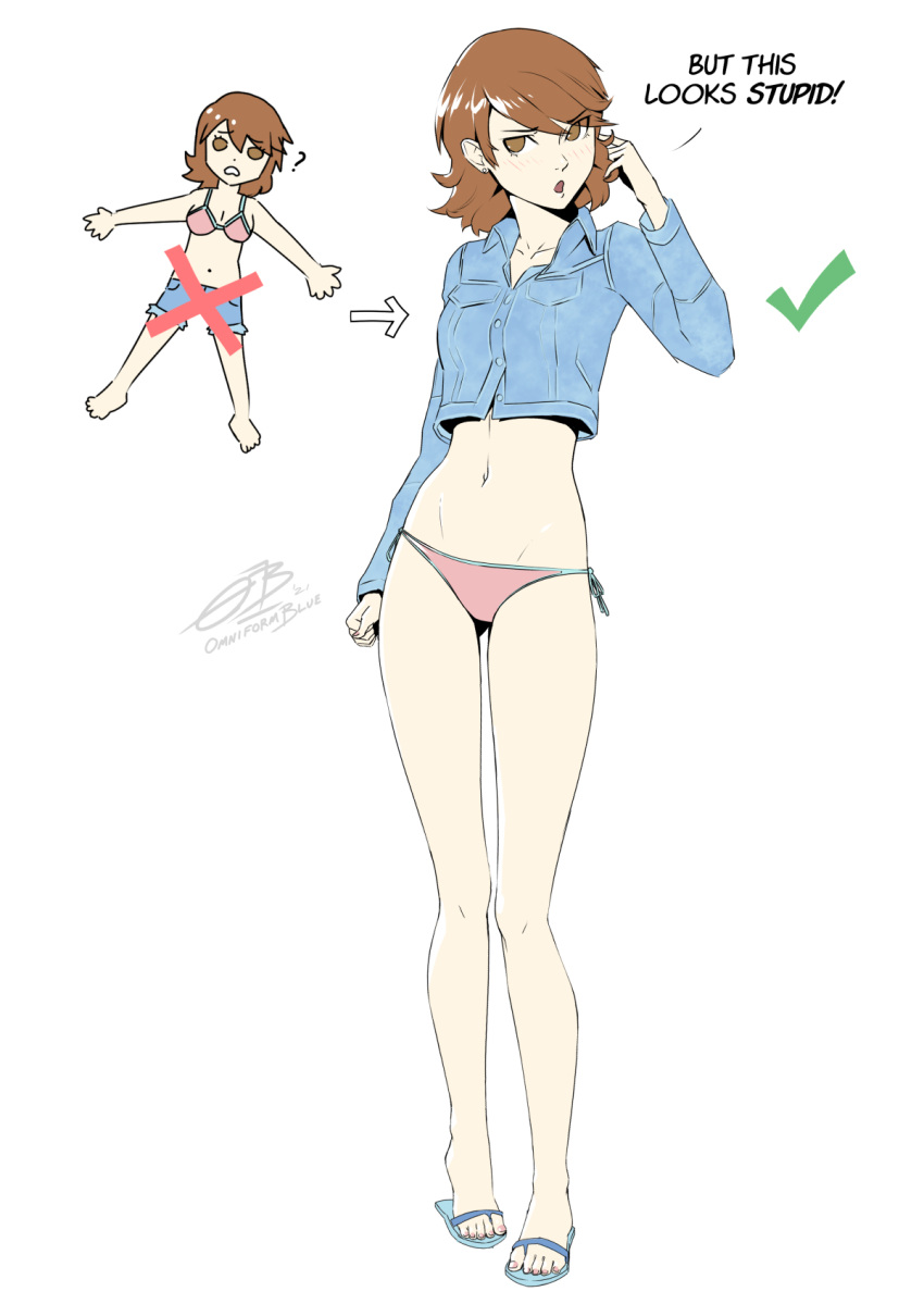 ? adapted_costume arrow_(symbol) bare_legs bikini brown_eyes brown_hair checkmark collarbone collared_shirt commentary cropped_shirt denim denim_shirt denim_shorts earrings english_commentary english_text female full_body hand_up highres jewelry light_blush long_sleeves looking_at_viewer midriff nail_polish navel omniformblue open_mouth persona persona_3 pink_bikini pink_nails sandals shirt short_hair shorts side-tie_bikini_bottom signature simple_background solo standing stomach stud_earrings swept_bangs swimsuit toenail_polish toenails toes white_background x yukari_takeba