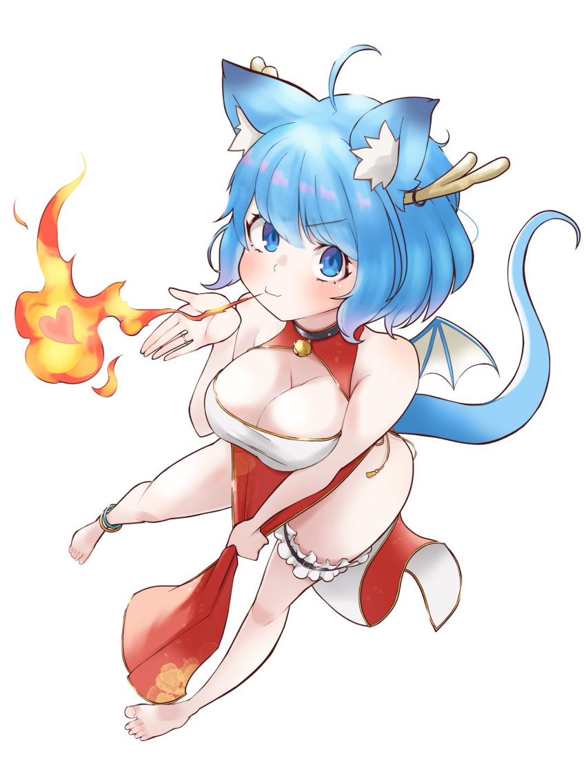 ahoge animal_ear_fluff animal_ears anklet antlers barefoot blue_eyes blue_hair blue_wings blush breasts breath_weapon breathing_fire cleavage cleavage_cutout closed_mouth clothing_cutout commentary_request dog_ears dog_girl dragon_tail dragon_wings dress female fire full_body heart highres horns jewelry large_breasts looking_at_viewer lovermoonlight medium_bangs nanashi_inc. pelvic_curtain red_dress short_hair simple_background sleeveless sleeveless_dress solo souya_ichika tail thigh_strap v-shaped_eyebrows virtual_youtuber white_background wings