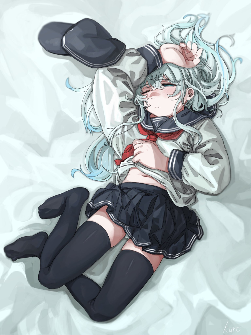 arm_up bed_sheet black_hat black_sailor_collar black_skirt black_thighhighs blue_eyes blue_hair blush female flat_cap hair_between_eyes hat hibiki_(kancolle) highres kantai_collection kuro4221 light_blue_hair long_hair long_sleeves lying navel neckerchief on_back panties pleated_skirt red_neckerchief sailor_collar school_uniform serafuku skirt solo thighhighs underwear white_panties