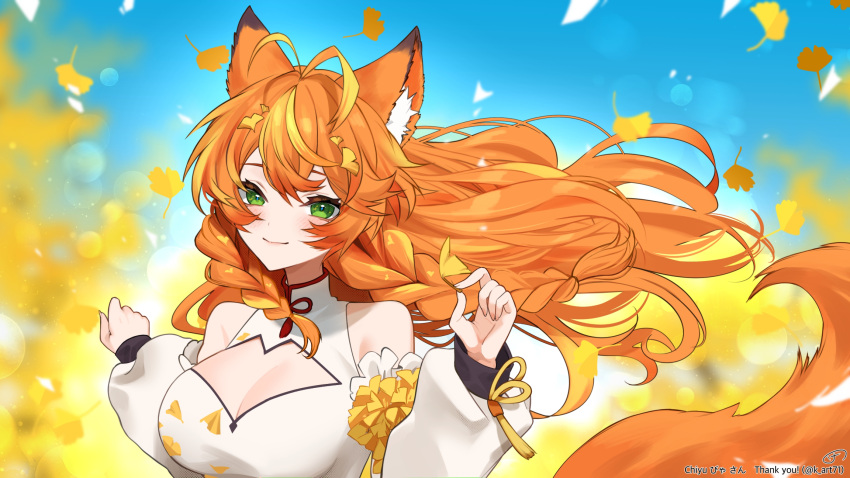 animal_ear_fluff animal_ears antenna_hair autumn_leaves blonde_hair blurry blurry_background braid breasts china_dress chinese_clothes chiyubiya cleavage cleavage_cutout clothing_cutout commission detached_sleeves dress falling_leaves female fox_ears fox_girl fox_tail green_eyes highres indie_virtual_youtuber k_(art71) leaf long_hair orange_hair puffy_detached_sleeves puffy_sleeves skeb_commission solo tail tassel thank_you twin_braids twitter_username upper_body virtual_youtuber white_dress white_sleeves