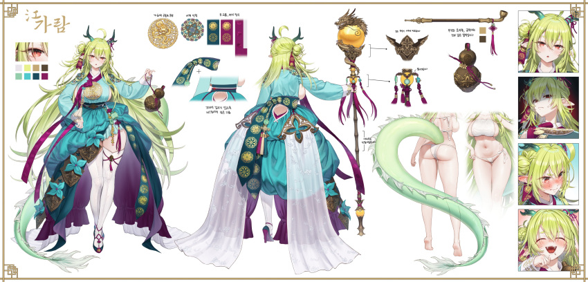 absurdres ahoge anger_vein arm_at_side back_cutout barefoot bikini blush breasts closed_eyes clothing_cutout color_guide commission crying crying_with_eyes_open dragon_girl dragon_horns dragon_tail expressions facing_away facing_viewer female flower from_behind full_body garam_(ryeoubi) gourd green_flower green_hair green_horns green_jacket green_skirt green_tail hair_between_eyes hair_bun hair_ribbon hanbok head_out_of_frame high-low_skirt highres holding holding_gourd holding_staff horn_ornament horns jacket korean_clothes korean_text large_breasts long_hair long_sleeves looking_afar looking_at_viewer micro_bikini multiple_views navel obi obijime oohhya open_mouth original parted_lips pointy_ears purple_ribbon red_eyes reference_sheet ribbon sash shoes side-tie_bikini_bottom sideboob sideboob_cutout single_hair_bun skirt sleeves_past_wrists smile smoking_pipe staff standing swimsuit tail tassel tears teeth thighhighs tiptoes toes translation_request very_long_hair white_background white_bikini white_thighhighs yellow_gemstone