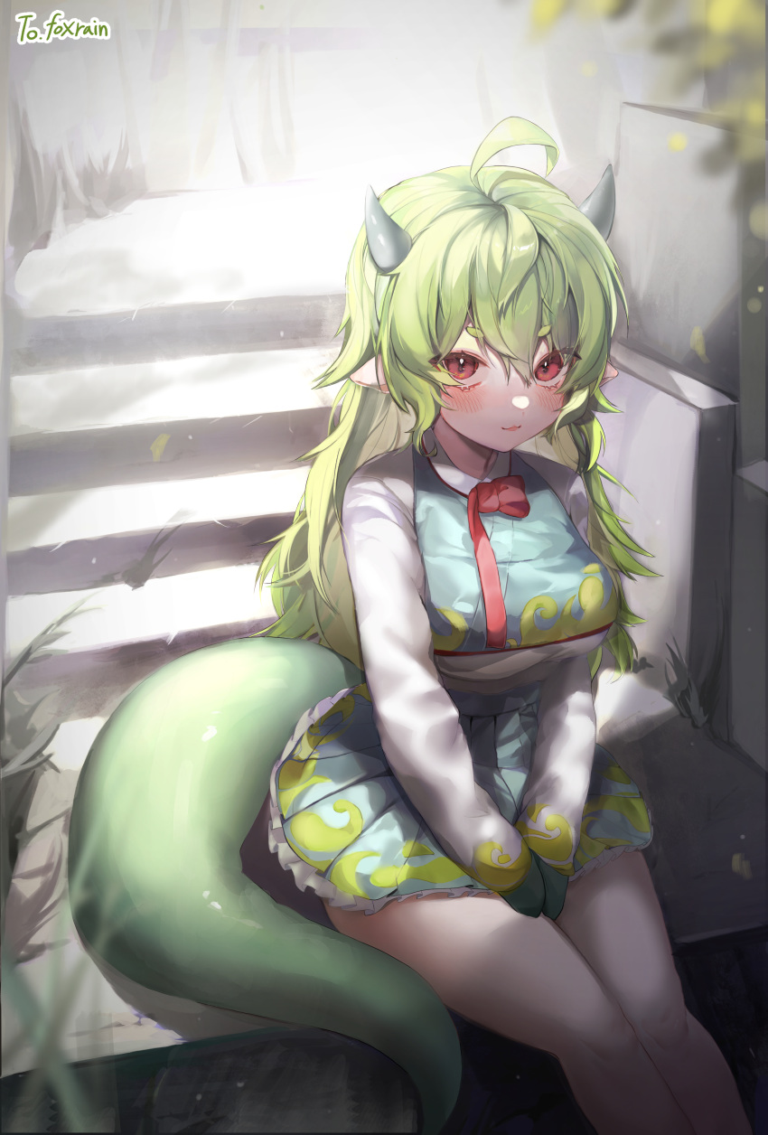 :3 absurdres ahoge bare_legs between_legs blush breasts closed_mouth commission dragon_girl dragon_horns dragon_tail female frilled_skirt frills garam_(ryeoubi) green_horns green_skirt green_tail green_vest hair_between_eyes hanbok hand_between_legs highres horns jacket korean_clothes large_breasts light_smile long_hair long_sleeves looking_at_viewer multicolored_clothes original pointy_ears red_eyes red_ribbon ribbon sitting skirt small_horns solo stairs stone_stairs sukiyaki_kinoko tail vest white_jacket