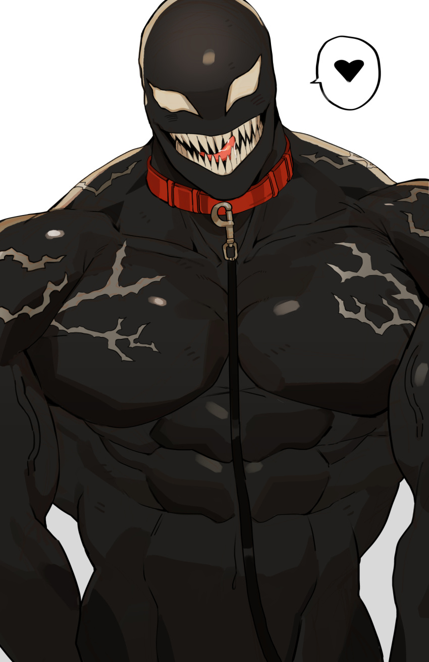 1boy abs alien animal_collar bald bara black_skin collar colored_skin gomihebi heart highres large_pectorals leash looking_at_viewer male_focus marvel muscular muscular_male no_pupils pectorals saliva sharp_teeth simple_background solo teeth tongue tongue_out upper_body veins venom_(marvel) white_background