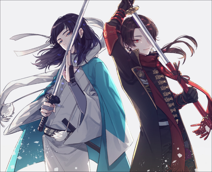 2boys blue_eyes blue_hair brown_hair commentary_request headband japanese_clothes kashuu_kiyomitsu kashuu_kiyomitsu_(kiwame) long_hair looking_at_viewer male_focus multiple_boys ponytail pose red_eyes scarf smile sword touken_ranbu weapon yamada_chickenko yamato-no-kami_yasusada yamato-no-kami_yasusada_(kiwame)