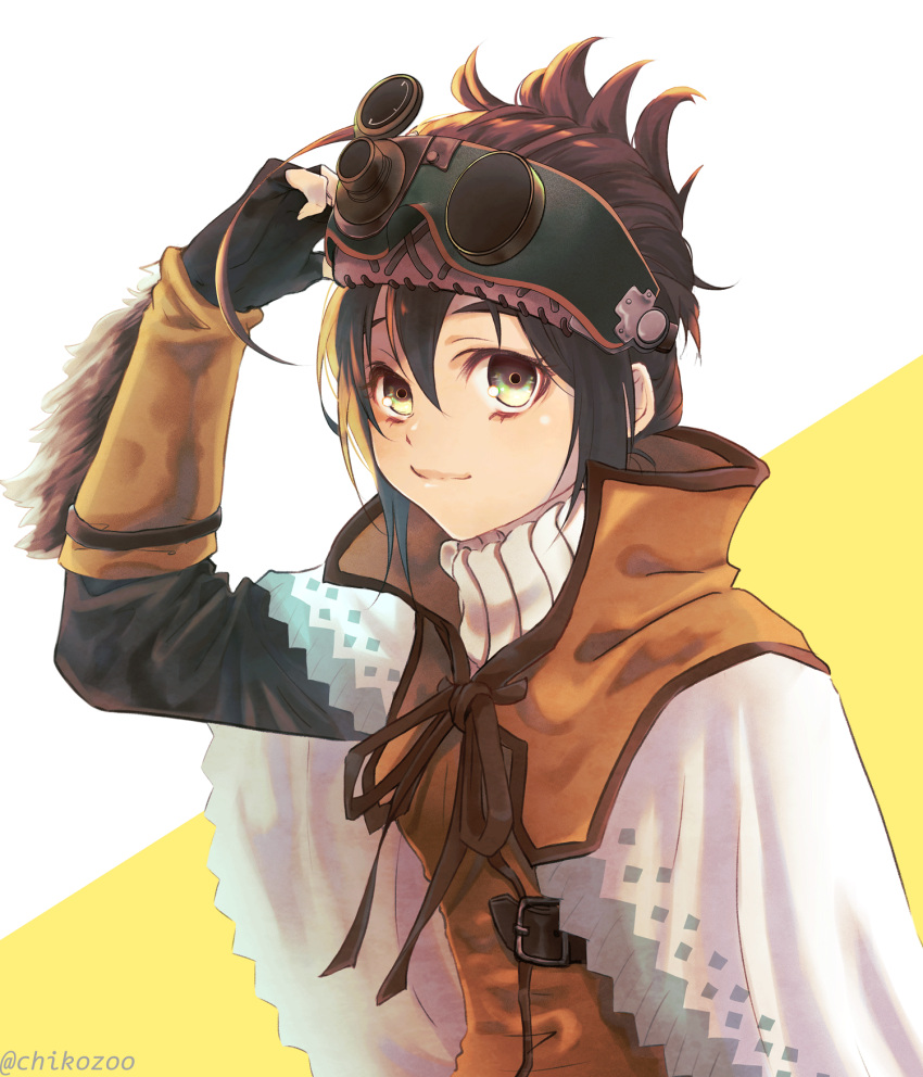 adjusting_goggles brown_hair chikozoo cloak commentary female folded_ponytail goggles goggles_on_head green_eyes handler_(monster_hunter_world) highres looking_at_viewer monster_hunter:_world monster_hunter_(series) short_hair solo turtleneck twitter_username upper_body vambraces white_cloak