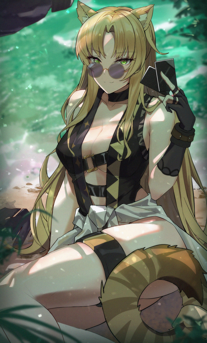 absurdres animal_ears arknights bare_shoulders black_choker black_gloves black_one-piece_swimsuit blonde_hair breasts center_opening changpan_hutao choker clothes_around_waist commentary feet_out_of_frame female gloves green_eyes highres long_hair looking_at_viewer looking_over_eyewear medium_breasts no_headwear official_alternate_costume one-piece_swimsuit partially_fingerless_gloves sand shirt shirt_around_waist sideboob single_glove sitting smile solo sunglasses swimsuit swire_(arknights) tail thigh_strap thighs tiger_ears tiger_girl tiger_tail water white_shirt