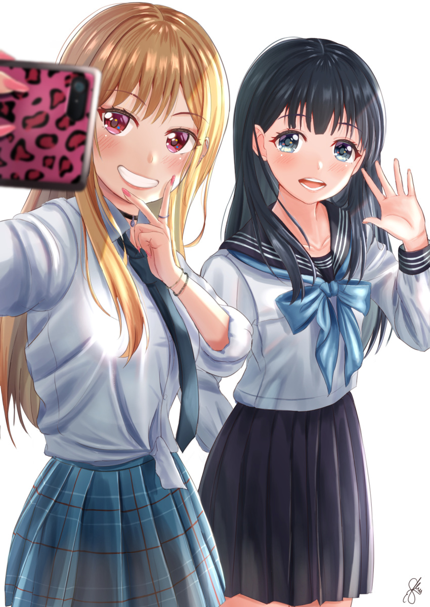 2girls akebi-chan_no_serafuku akebi_komichi akiyama0818 barbell_piercing black_choker black_hair black_sailor_collar black_skirt blonde_hair blue_bow blue_eyes blue_neckerchief blunt_bangs blush bow bracelet breasts choker cloverworks collarbone collared_shirt commentary_request company_connection cowboy_shot dress_shirt earrings gradient_hair green_necktie green_skirt grin highres holding holding_phone jewelry kitagawa_marin long_hair long_sleeves medium_breasts multicolored_hair multiple_girls neckerchief necktie open_mouth phone piercing pink_nails plaid plaid_skirt pleated_skirt red_eyes red_hair roubai_academy_school_uniform_(old) sailor_collar school_uniform season_connection serafuku shirt signature simple_background skirt small_breasts smile sono_bisque_doll_wa_koi_wo_suru swept_bangs tied_shirt white_background white_shirt