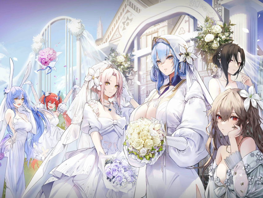 6+girls :d animal_ears arms_up astra_revolver_(fragrant_papillon)_(girls'_frontline) astra_revolver_(girls'_frontline) aug_(blue_meditation)_(girls'_frontline) aug_(girls'_frontline) black_hair blue_eyes blue_hair bouquet bouquet_toss breasts bridal_veil brown_hair building church cleavage closed_eyes closed_mouth collarbone crossed_bangs detached_collar detached_sleeves dp-12_(girls'_frontline) dp-12_(misty_cross)_(girls'_frontline) dress earrings elbow_gloves expressionless flower flower_request girls'_frontline gloves hair_between_eyes hair_flower hair_ornament hair_rings hand_on_own_cheek hand_on_own_face hexagram highres holding holding_bouquet huge_breasts jewelry kim_eb large_breasts long_hair long_sleeves looking_at_viewer medium_hair mondragon_m1908_(girls'_frontline) mondragon_m1908_(magnolia_wonderland)_(girls'_frontline) multiple_girls necklace official_alternate_costume official_art official_wallpaper open_mouth outdoors parted_bangs parted_lips pillar pink_eyes pink_flower puffy_detached_sleeves puffy_short_sleeves puffy_sleeves purple_flower rabbit_ears red_eyes red_hair short_sleeves small_breasts smile sp9_(drifting_snow)_(girls'_frontline) sp9_(girls'_frontline) tar-21_(girls'_frontline) tar-21_(the_lost_march_hare)_(girls'_frontline) third-party_source twintails veil very_long_hair wedding_dress white_dress white_flower white_gloves white_hair yellow_eyes