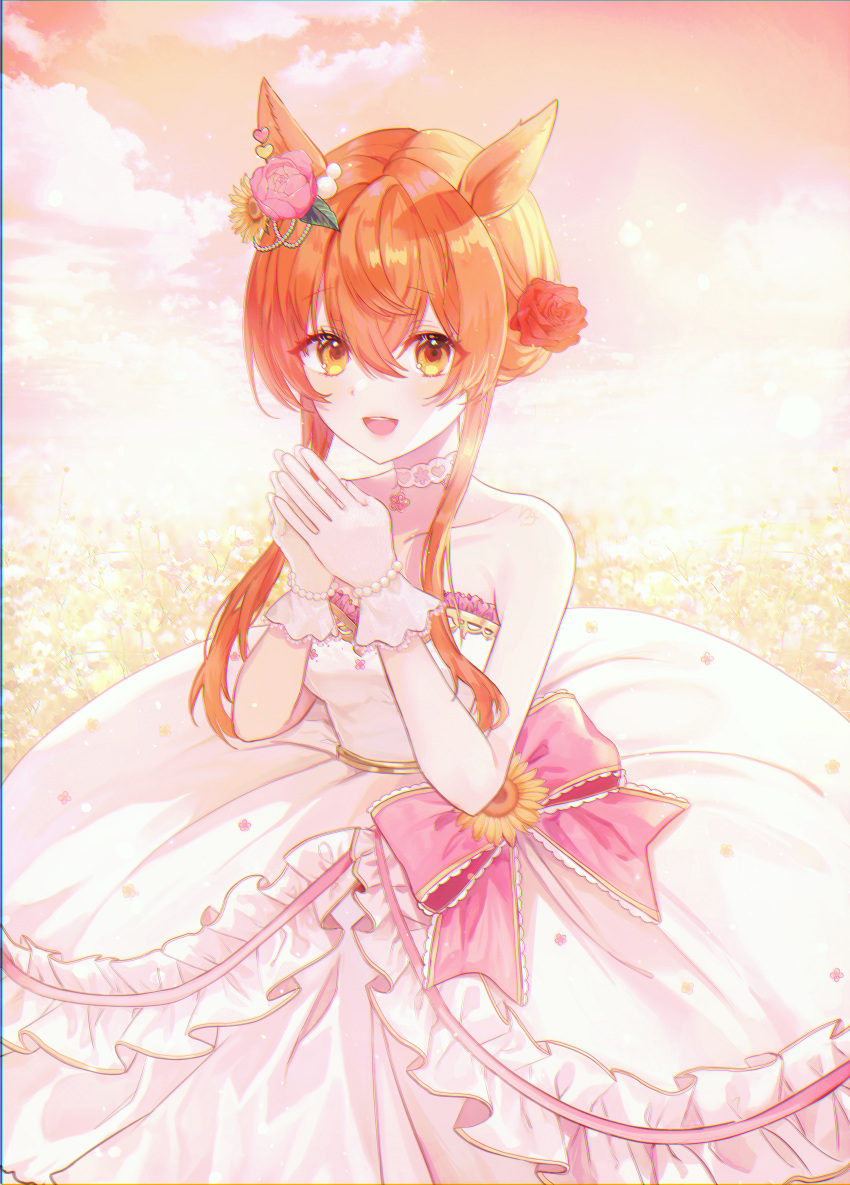 182_1x156_(gkyn8274) :d absurdres animal_ears bare_shoulders blush choker circle_skirt collarbone dress female flower gloves hair_flower hair_ornament highres horse_ears horse_girl lace lace_choker looking_at_viewer mayano_top_gun_(sunlight_bouquet)_(umamusume) mayano_top_gun_(umamusume) official_alternate_costume open_mouth orange_eyes orange_hair own_hands_clasped own_hands_together short_hair_with_long_locks sidelocks smile solo strapless strapless_dress umamusume wedding_dress white_choker white_dress white_gloves