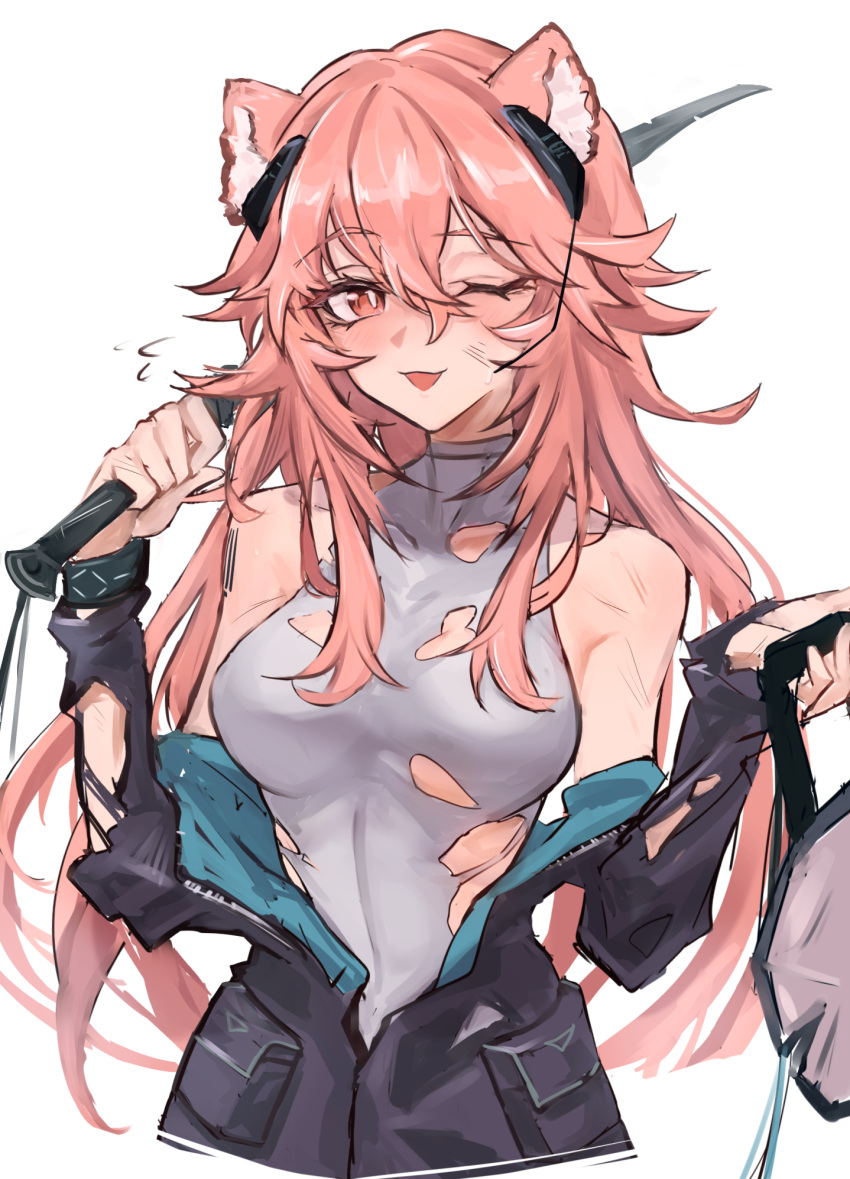 ;d animal_ears arknights bare_shoulders black_jacket earpiece female gravel_(arknights) grey_shirt highres holding holding_sword holding_weapon jacket off_shoulder one_eye_closed open_clothes open_jacket open_mouth over_shoulder pink_eyes pink_hair shino_duka shirt simple_background sleeveless sleeveless_shirt smile solo sword torn_clothes torn_shirt upper_body weapon weapon_over_shoulder white_background