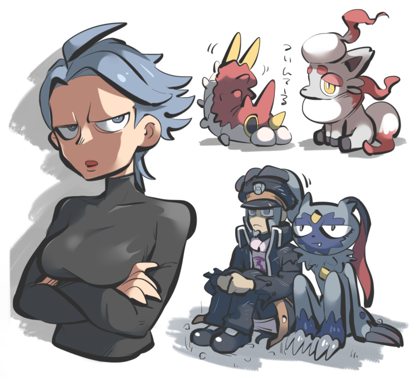 1boy ahoge black_coat black_footwear black_headwear black_pants black_shirt breasts bright_pupils coat commentary_request covered_collarbone cropped_torso crossed_arms cyllene_(pokemon) female grey_eyes grey_hair hat high_collar hisuian_zorua ingo_(pokemon) long_sideburns pants partial_commentary peaked_cap pearl_clan_outfit pokemon pokemon_(creature) pokemon_legends:_arceus shadow shirt shoes short_hair sideburns sitting sneasler tirarizun translated trench_coat upper_body white_pupils wurmple