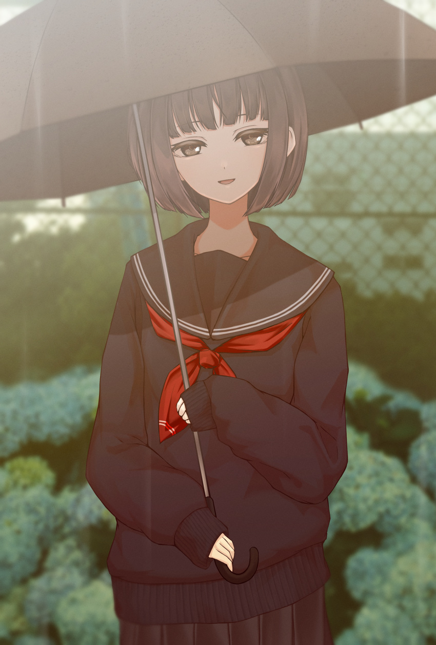 absurdres amemori_sayo black_eyes black_hair black_sailor_collar black_serafuku black_shirt black_skirt blouse blurry blurry_background chain-link_fence commentary_request female fence highres holding holding_umbrella kushinaka long_sleeves looking_at_viewer neckerchief nijisanji open_mouth pleated_skirt rain red_neckerchief sailor_collar school_uniform serafuku shirt short_hair skirt sleeves_past_wrists smile solo umbrella uniform virtual_youtuber