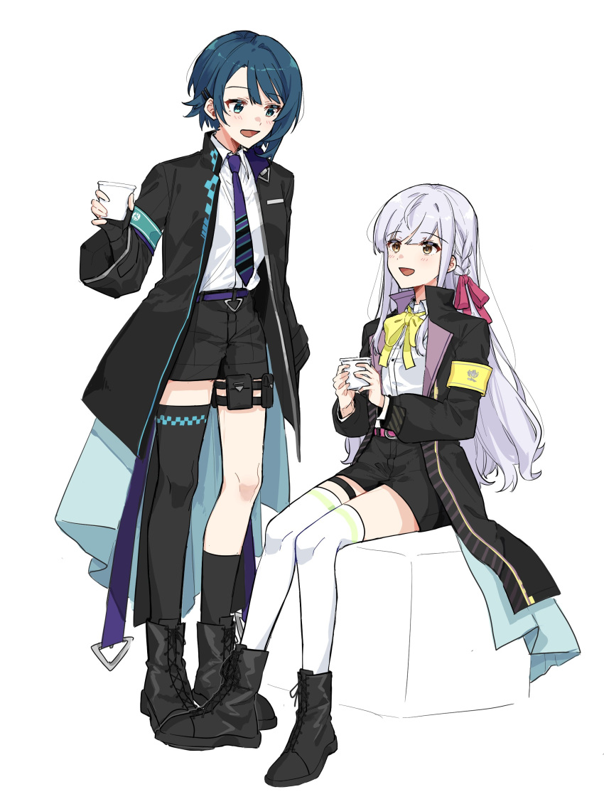 2girls :d absurdres aizawa_kazuha ankle_boots aqua_eyes arm_at_side armband assault_lily asymmetrical_hair asymmetrical_legwear belt belt_buckle black_footwear black_gloves black_jacket black_legwear black_shorts blue_hair blush boots bow bowtie braid buckle collared_shirt commentary_request cross-laced_footwear cube cup danji_bang disposable_cup fingerless_gloves full_body gloves grey_hair hair_ornament hair_ribbon hairclip hand_up hands_up high_collar highres holding holding_cup jacket kneehighs kon_kanaho korean_commentary lace-up_boots long_hair long_sleeves looking_at_another looking_down multiple_girls necktie official_alternate_costume open_clothes open_jacket open_mouth pink_belt pink_ribbon pouch purple_belt purple_necktie ribbon shirt shirt_tucked_in short_hair short_shorts shorts side_braid sidelocks simple_background single_kneehigh single_sock single_thighhigh sitting smile socks standing striped_necktie thigh_pouch thigh_strap thighhighs uneven_legwear very_long_hair waist_cape white_background white_legwear white_shirt wide_sleeves yellow_bow yellow_bowtie yellow_eyes