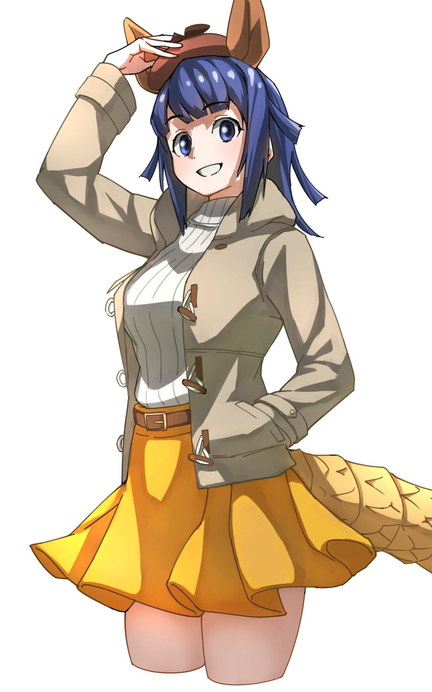 armadillo_ears armadillo_tail beige_jacket beret blue_eyes blue_hair brown_hat commentary_request cowboy_shot cropped_legs extra_ears female giant_armadillo_(kemono_friends) hand_in_pocket hand_on_headwear hat high-waist_skirt highres kemono_friends kemono_friends_3 long_sleeves official_alternate_costume pleated_skirt short_hair simple_background skirt solo sweater tanabe_(fueisei) turtleneck turtleneck_sweater white_background white_sweater yellow_skirt