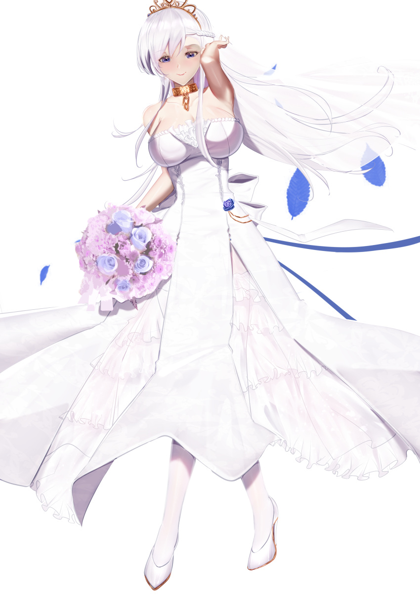 absurdres azur_lane bad_id bad_pixiv_id bare_shoulders belfast_(azur_lane) belfast_(the_pledge_of_claddagh)_(azur_lane) bouquet braid breasts bridal_veil cleavage commentary dress female french_braid full_body gosama gun handgun high_heels highres holding holding_bouquet large_breasts long_hair official_alternate_costume petals shoes simple_background solo strapless strapless_dress thighhighs transparent_background veil weapon wedding_dress white_dress white_footwear white_thighhighs