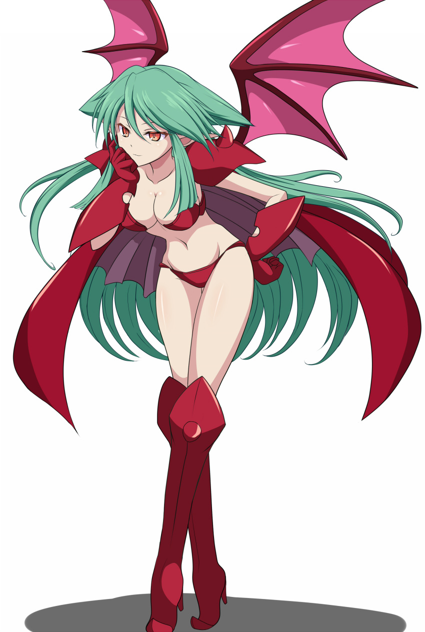 absurdres armor bikini boots cape capelet clam_curry demon_girl female full_body green_hair hand_on_own_hip hand_up highres leaning_forward long_hair navel orange_eyes pointy_ears red_bikini red_cape red_footwear red_wings riviera shoulder_armor sidelocks solo swimsuit two_side_up very_long_hair white_background wings