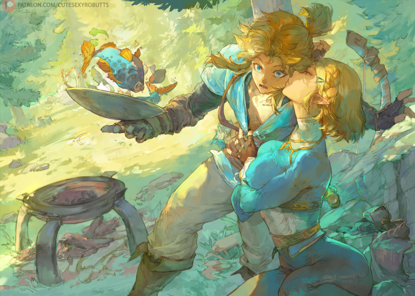 1boy artist_name assertive_female blonde_hair blue_eyes blue_shirt breasts champion's_tunic_(zelda) cleavage_reach closed_eyes cutesexyrobutts female fireplace fish food highres kissing kissing_cheek light_brown_hair link long_sleeves medium_hair patreon_logo patreon_username plate princess_zelda shirt short_hair short_ponytail short_sleeves sidelocks straight surprise_kiss surprised the_legend_of_zelda the_legend_of_zelda:_tears_of_the_kingdom web_address