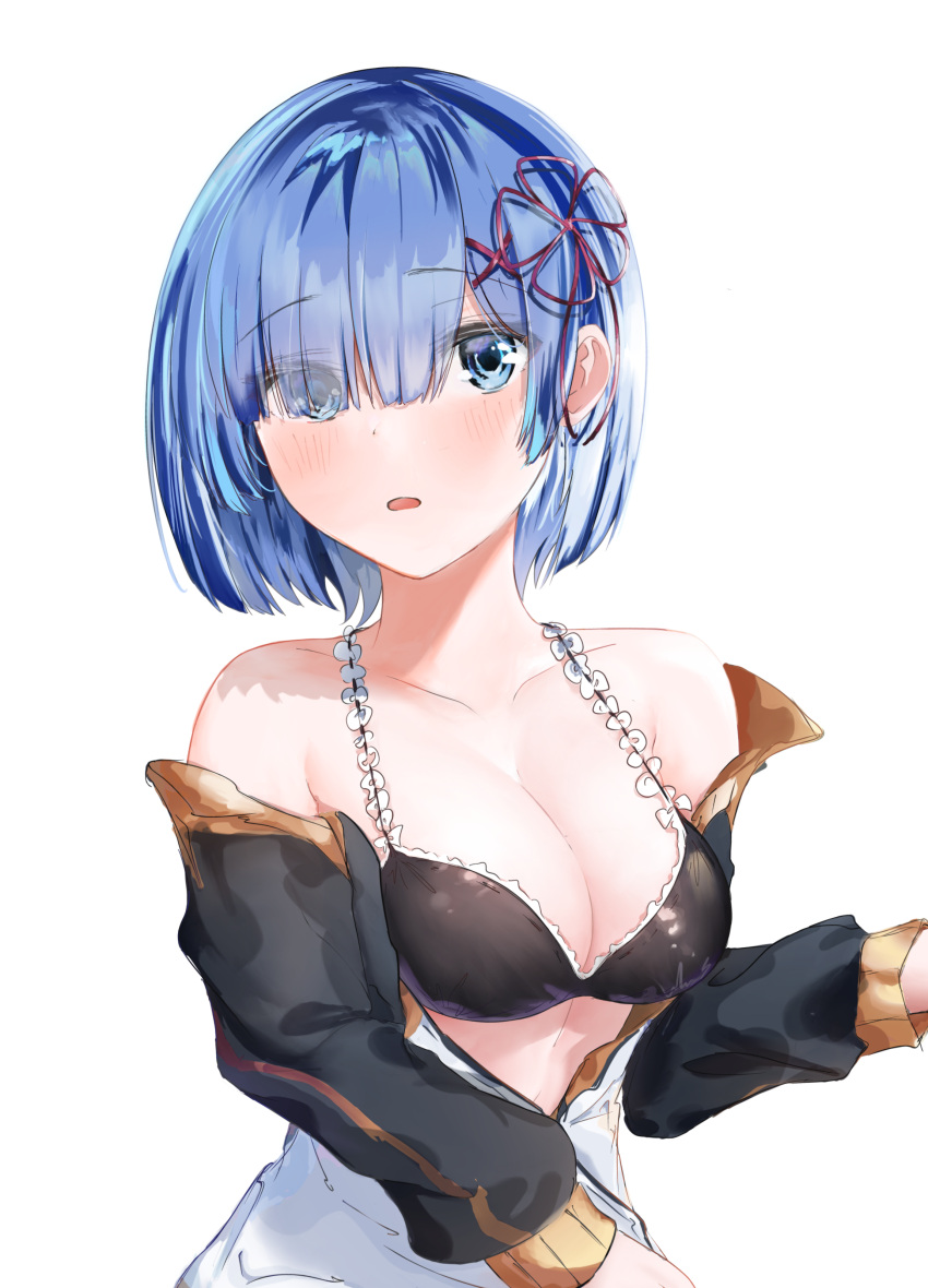 :o absurdres bad_id bad_pixiv_id bare_shoulders black_bra blue_eyes blue_hair blush bra breasts cleavage collarbone commentary cosplay eyes_visible_through_hair female flower_knot geubi hair_ornament hair_over_one_eye hair_ribbon highres jacket long_sleeves medium_breasts natsuki_subaru natsuki_subaru_(cosplay) off_shoulder open_clothes open_jacket open_mouth re:zero_kara_hajimeru_isekai_seikatsu red_ribbon rem_(re:zero) ribbon short_hair solo track_jacket underwear upper_body white_jacket x_hair_ornament