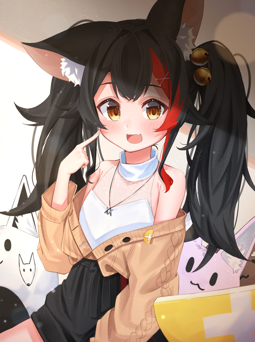 :d absurdres aged_down animal_ear_fluff animal_ears bare_shoulders bell black_hair black_skirt blush brown_cardigan brown_eyes cardigan daichi_(daichi_catcat) female finger_to_cheek fubuchun hair_bell hair_ornament high-waist_skirt highres hololive jingle_bell kayuchun korochun long_hair looking_at_viewer multicolored_hair off_shoulder official_alternate_costume ookami_mio ookami_mio_(street) open_cardigan open_clothes red_hair shirt skirt sleeveless sleeveless_shirt smile solo streaked_hair twintails virtual_youtuber white_shirt wolf_ears x_hair_ornament