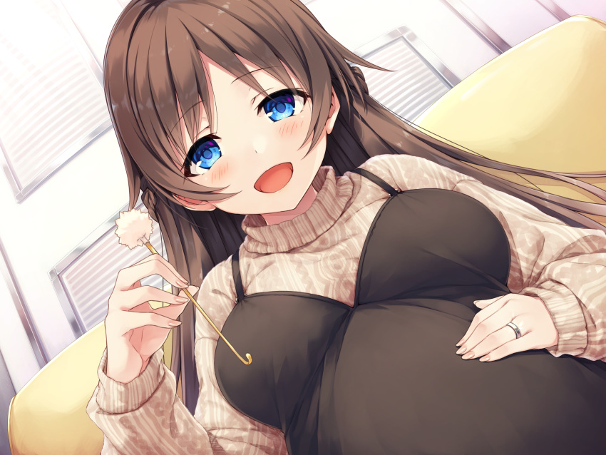 :d aged_up black_shirt blue_eyes braid breasts brown_hair brown_sweater commentary_request couch female from_below hasumi_(hasubatake39) highres holding indoors jewelry lap_pov long_hair looking_at_viewer medium_breasts mimikaki monobeno open_mouth pregnant ribbed_sweater ring sawai_natsuha shirt simple_background sitting sleeveless sleeveless_shirt smile solo sweater turtleneck turtleneck_sweater upper_body wedding_ring